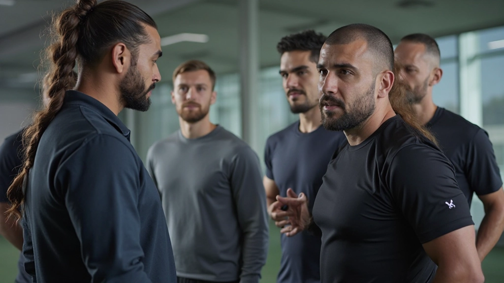 فريق تدريب متخصص يقيم أداء رياضي خلال جلسة تقييم شاملة