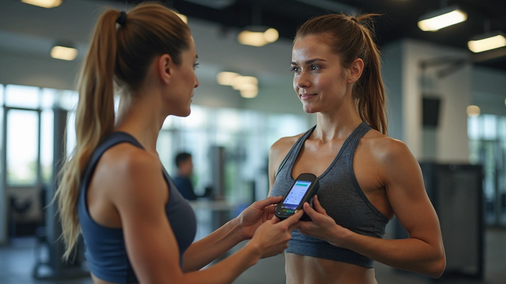 مدربة لياقة بدنية تقيس نبضات قلب الرياضي بعد جلسة تدريب مكثفة