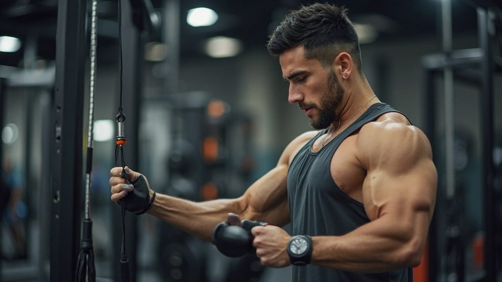 رياضي يقيس أدائه باستخدام أجهزة قياس حديثة في صالة الألعاب الرياضية