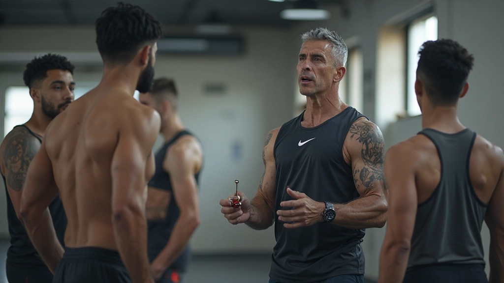 مدرب رياضي محترف يقود جلسة تدريب لرياضيين شباب في صالة ألعاب حديثة