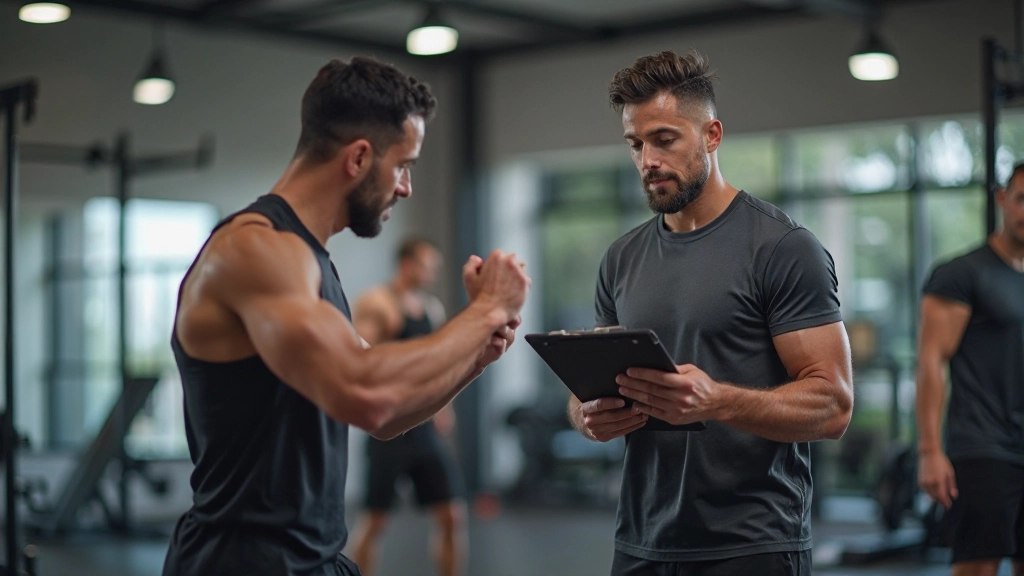 مدرب رياضي محترف يوضح تقنية التمرين الصحيحة لرياضي شاب