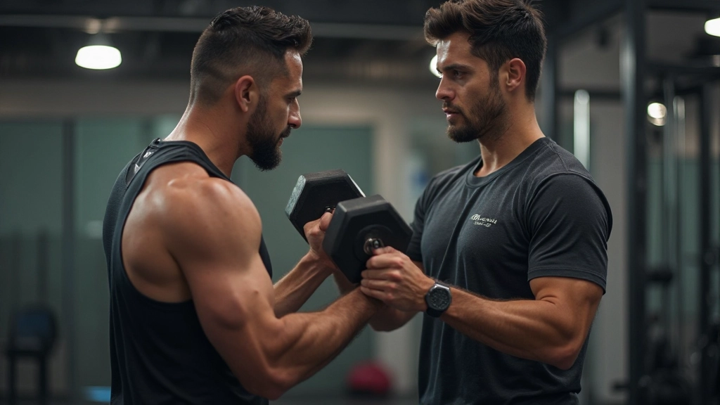 مدرب شخصي يساعد رياضي على تصحيح وضعية الجسم أثناء تمرين القوة